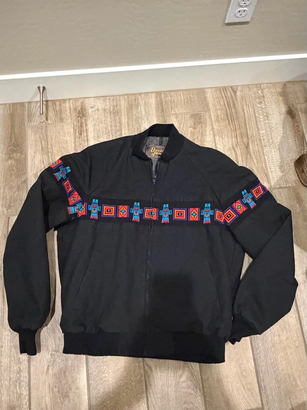 vintage David James black canvas Southwestern bomber jacket vibrant medium
